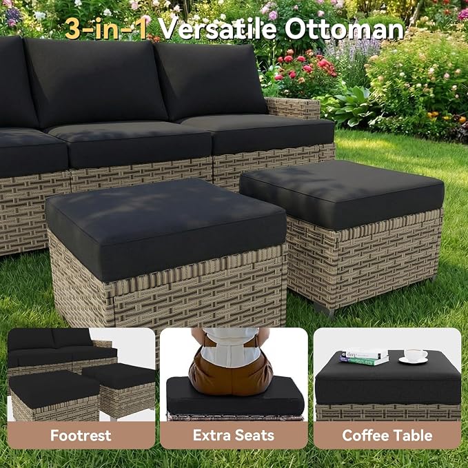 LazySunsets Luxury Patio Furniture Set with Fire Pit Table, All-Weather Patio Sectional Sofas with Thickened Cushions, 15 Piece Outdoor Furniture Set with Swivel Rocker Chairs & Ottomans, Black