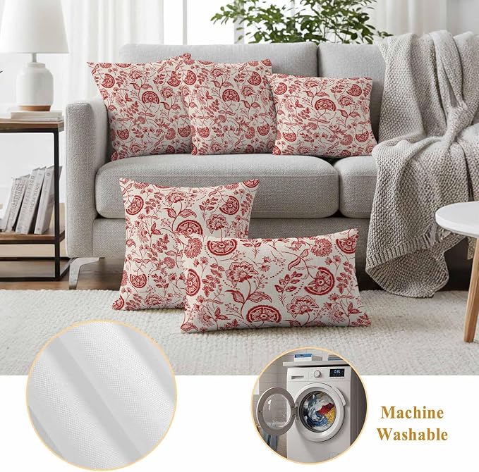 Outdoor Pillow Covers 16x16 Set of 2, Red Spring Floral Waterproof Patio Throw Pillow Covers for Couch Sofa Chair, Summer Botanical Farmhouse Decorative Pillowcases for Throw Pillows