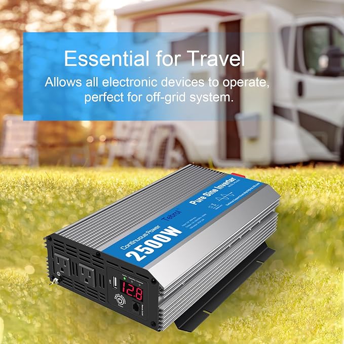 2500W Pure Sine Wave Inverter 12V DC to 120V AC Converter for Home, RV, Truck, Off-Grid Solar Power Inverter with Built-in 5V/2.1A USB, AC Hardwire Port, Remote Controller