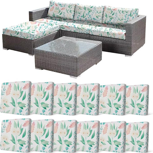 CALBODE 12Pcs Stretch Patio Cushion Cover, Fresh Botanical Printed Couch & Sofa Slipcovers for Patio Furniture Cushions Washable Reusable Couch Covers Replacement for Spring Summer (Cover Only)