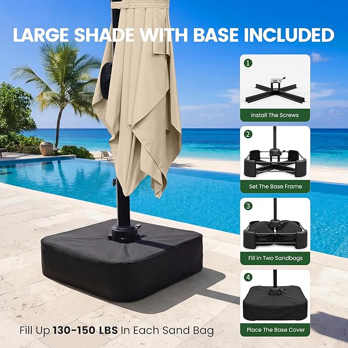 Olilawn 9' X 12' Patio Umbrella with Base Included & OLILAWN 600D Waterproof Umbrella Cover, Large Outdoor Cantilever Offset Patio Umbrellas Rectangular Aluminum Umbrella with 360-degree Rotation & Infinite Tilt Adjustment for Backyard Hosting, Poolsid...