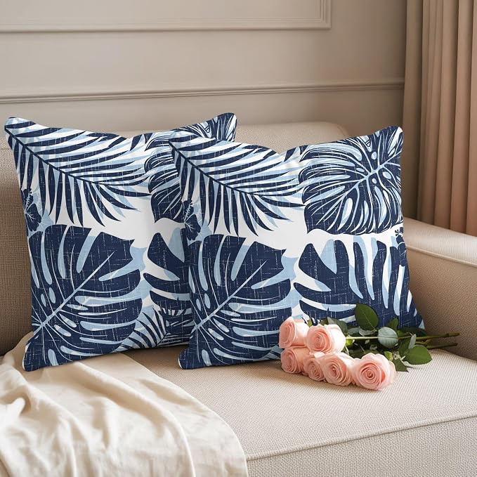 Navy Blue Palm Leaves Outdoor Pillow Covers 24"x24" Set of 2, Tropical Botanical Minimalist Modern Waterproof Throw Pillow Covers for Patio Furniture, Decorative Cushion Covers for Porch