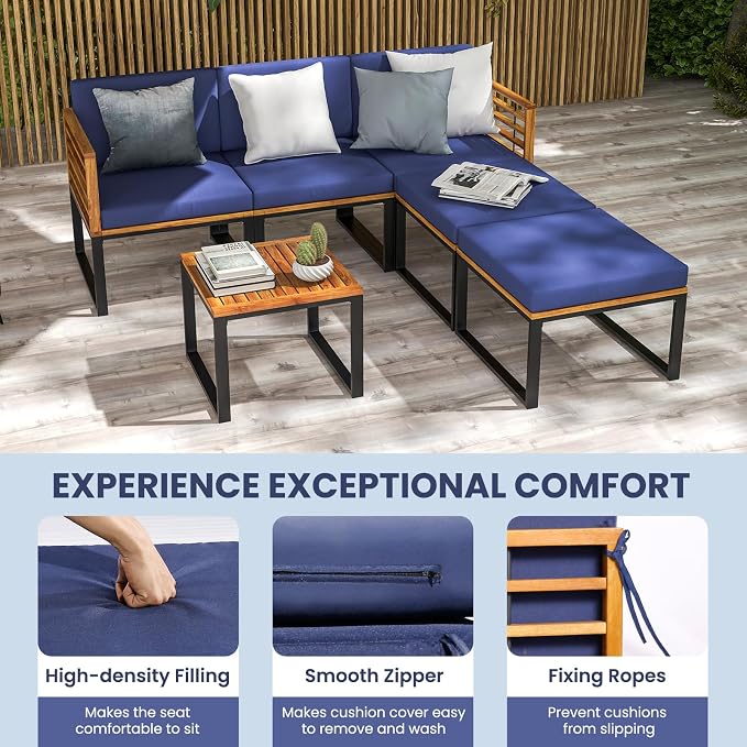 Tangkula 6 Pieces Acacia Wood Patio Furniture Set, Outdoor Sectional Conversation Sofa Set with Cushions, Coffee Table and Ottomans, Metal Frame Patio Sofas for Garden, Poolside, Backyard, Navy