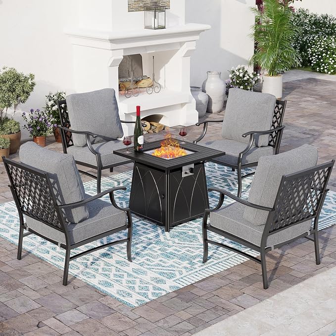 SUNSHINE VALLEY 5 Piece Metal Outdoor Patio Furniture Set with Fire Pit Table, Patio Conversation Sets 4 Fixed Chairs with 5.75" Thick Cushion and 5000 BTU Fire Pit Table, Backyard Furniture, Gray