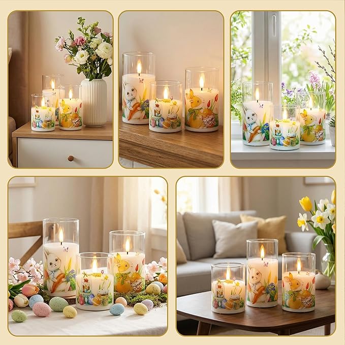 Eywamage Spring Flameless Candles with Remote, Glass LED Pillar Candles Flickering Battery Operated Easter Home Table Decor Set of 3