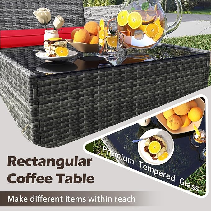 RELAX4LIFE 8-Piece Patio Furniture Set - Rattan Outdoor Conversation Bistro Set w/Cushions, Glass Coffee Table, Wicker Chairs & Loveseat for Garden Backyard Porch, Balcony Furniture (2, Mix Grey-Red)