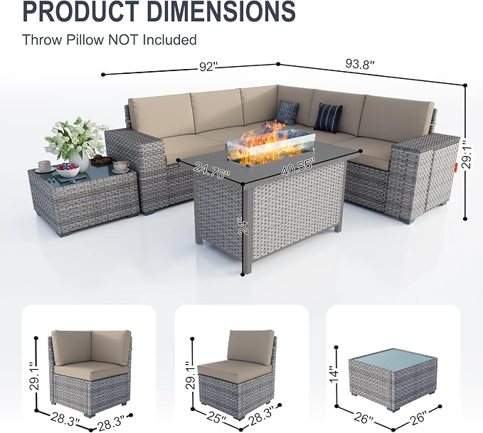 7 Pieces Patio Furniture Set, Outdoor Modular Sectional Couch Conversation Set with Wide Armrests, Wicker Seating Group Sofa with Coffee Table and Fire Pit for Backyard Deck (Khaki Cushions)