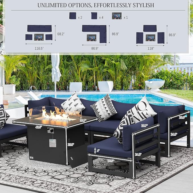 BULEXYARD 7 Piece Extra Large Modern Aluminum Outdoor Sofa with Fire Pit Table, 29" Deep Wide Seat, 500 lbs Durable Sectional Set for Heavy People, Anti-Rust Patio Furniture Set for Garden, Navy Blue