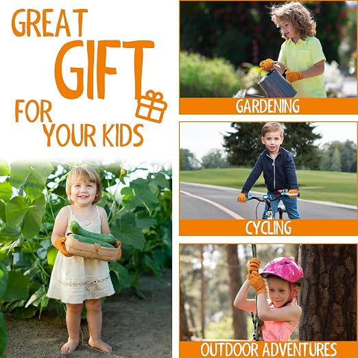 HANDLANDY 2 Pairs Kids Leather Gardening Gloves, Kid Work Gloves, Orange, L | Durable Soft Breathable Yard Work Cycling Outdoor Playing Glove for Age 2-9, for Children, Boys, Girls, Toddlers, Great Gift