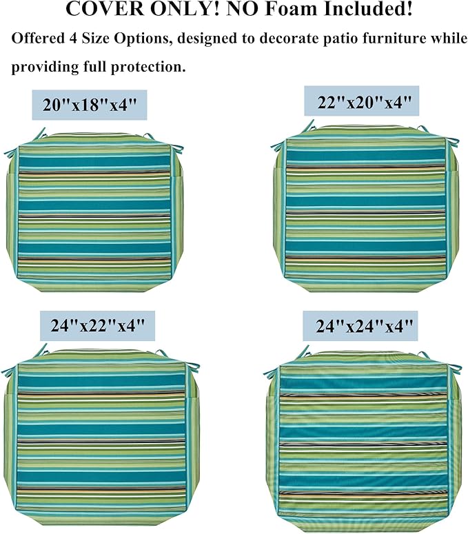 FUNHOME Outdoor Chair Cushion Covers 2 Pack, No Insert! Patio Cushion Covers Replacement 20" x 18" x 4", Water Resistant Chair Cushion Slipcovers, Green Stripe(Covers ONLY)