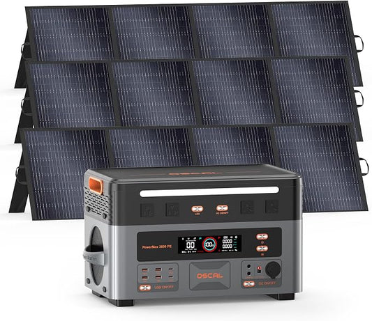 OSCAL 3600W Portable Power Station PowerMax 3600 PE with 3x200W Solar Panel, 2016Wh Solar Generator, 1.5H Fast Charge, LiFePO4 Battery Power Station for Home Backup, RV, Emergencies