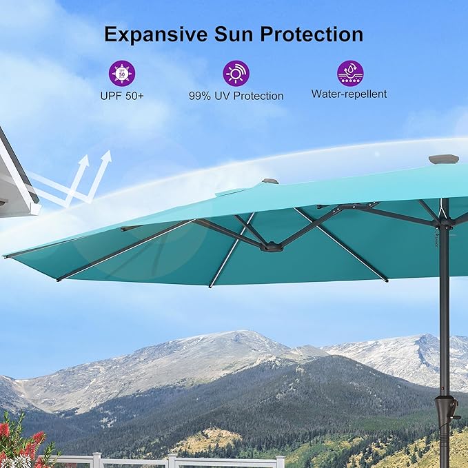 PURPLE LEAF 14ft Patio Market Umbrella Outdoor Double-Sided Umbrella with Base and Crank Rectangle Table Umbrella for Pool Deck Garden, Turquoise