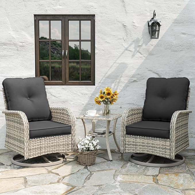 6-Piece Patio Rocking Swivel Chair Outdoor Wicker Rattan Bistro Set with Tempered Glass Side Table, Outdoor Patio Furniture Set for Garden, Deck, and Balcony, Dark Grey
