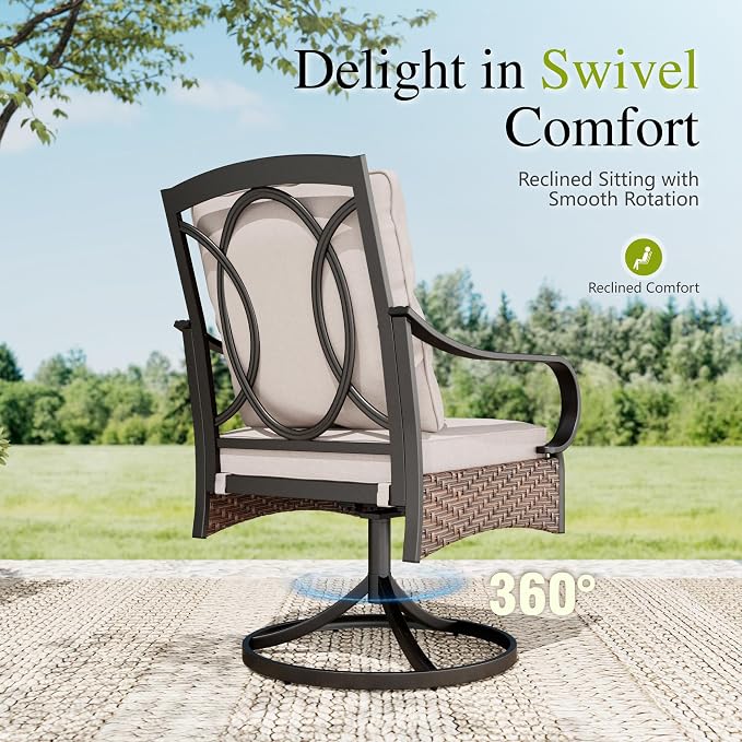 Sophia & William Patio Table and Chairs with 10ft 3 Tier Auto-tilt Beige Umbrella, 6 Piece Outdoor Table Furniture Set with 4 Padded Swivel Rocker Dining Chairs, 1 Round Metal Table and 1 Umbrella