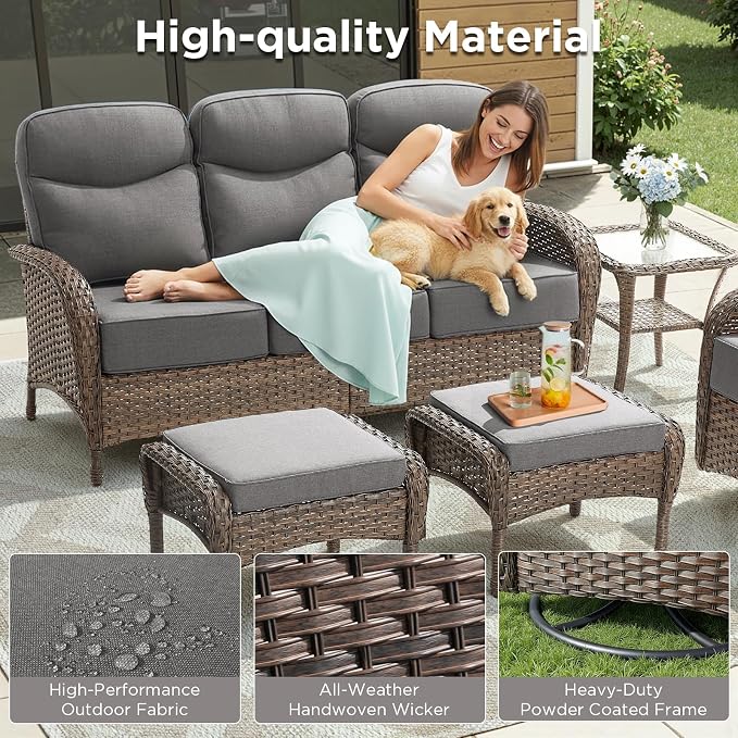 8 Pieces Luxury Patio Furniture Set with 42.5" Fire Pit Table, 6-Inch Thick Cushions Wicker Outdoor Furniture with Outdoor Rocking Chairs Set of 4, Outdoor Patio Conversation Set for Deck, Gray