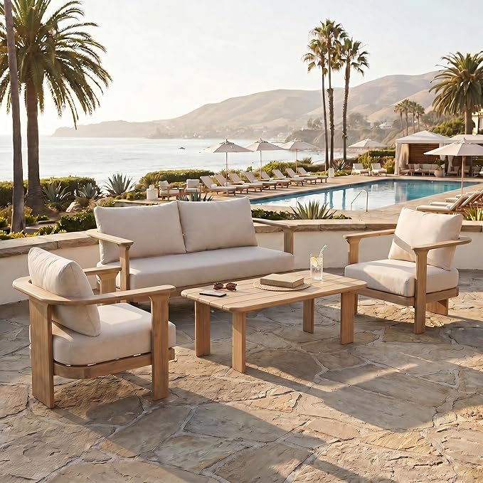 Christopher Knight Home Kera 4-Seater Patio Furniture Set with Removable Cushion, 4 Piece Outdoor Acacia Wood Conversation Set, Sold Wood Outdoor Sectional Sofa Set with Coffee Table, Brown+Beige
