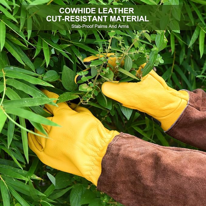 WOHEER Long Gardening Gloves for Women Thorn Proof,Rose Pruning Cowhide Leather Garden Glove for Cactus, Rose and Blackberry