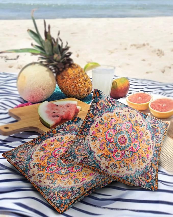 Prime Leader Outdoor Waterproof Pillow Covers Set of 2, Geometric Abstract Carpet Flowers Pattern Pink Patio Throw Pillow Covers, Decorative Cushion Case for Couch Sofa Furniture Garden, 18x18 Inch