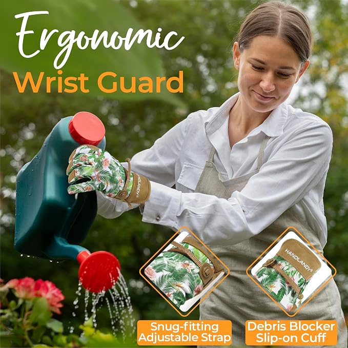 HANDLANDY Gardening Gloves for Women, Leather Garden Glove, Gardener Gift | Breathable Floral Ladies Leather Garden Yard Gloves, for Trimming, Weeding, Digging, Planting, Pruning