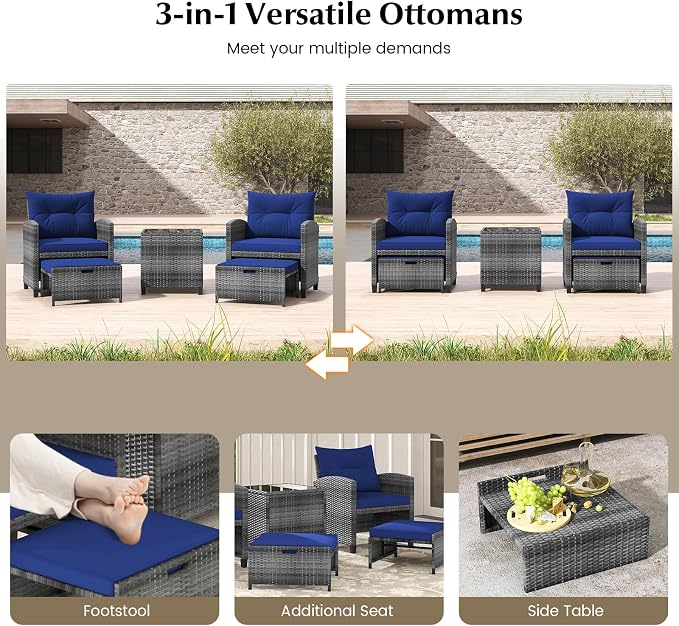 COSTWAY 5-Piece Rattan Conversation Set, Outdoor Wicker Sofa, Tempered Glass Coffee Table & Ottomans for Small Space, Boho Chic Indoor/Outdoor Furniture Set for Poolside, Backyard, Deck (Navy)