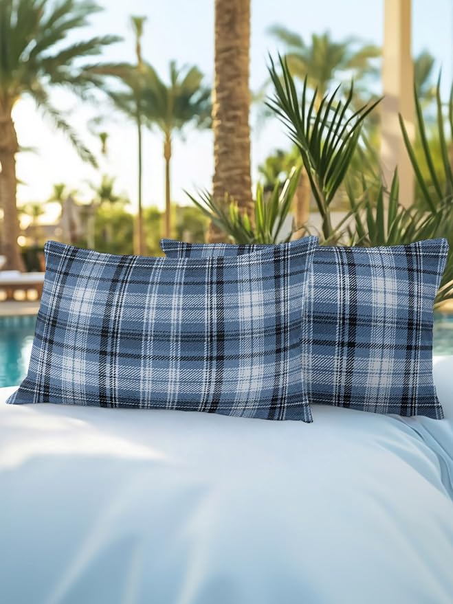 Waterproof Outdoor Pillow Set of 2 Blue Checked Plaid Decorative Throw Pillows Cover & Insert 20x12 Inch Lumbar Pillowcase Stripes Woven Grid Pillows for Couch Sofa Bed Patio Furniture Indoor Outdoor
