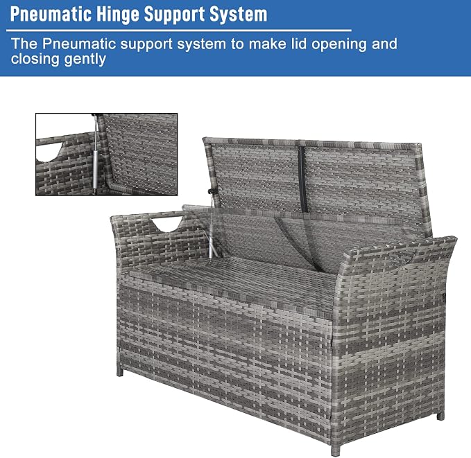 33 Gallon Outdoor Wicker Storage Bench Deck Box,Large PE Rattan Deck Storage Box,Outdoor Indoor Waterproof Storage Box,Patio Wicker Storage Bench,with Cushion,for Garden Balcony Porch Yard (Gray)