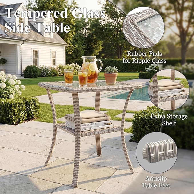 Patio Furniture Set, 17-Piece Outdoor Sectional Sofa with Swivel Rocker Chairs & 2-Layer Glass Coffee Table, Wicker Patio Conversation Set with Khaki Cushions