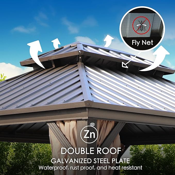 Kozyard Caesar 12'x16' Hardtop Gazebo - Permanent Metal Pavilion with Netting and Shaded Curtains for Patio, Backyard, and Deck - Galvanized Steel Outdoor Aluminum Canopy, Double Roof Gazebo (Brown)