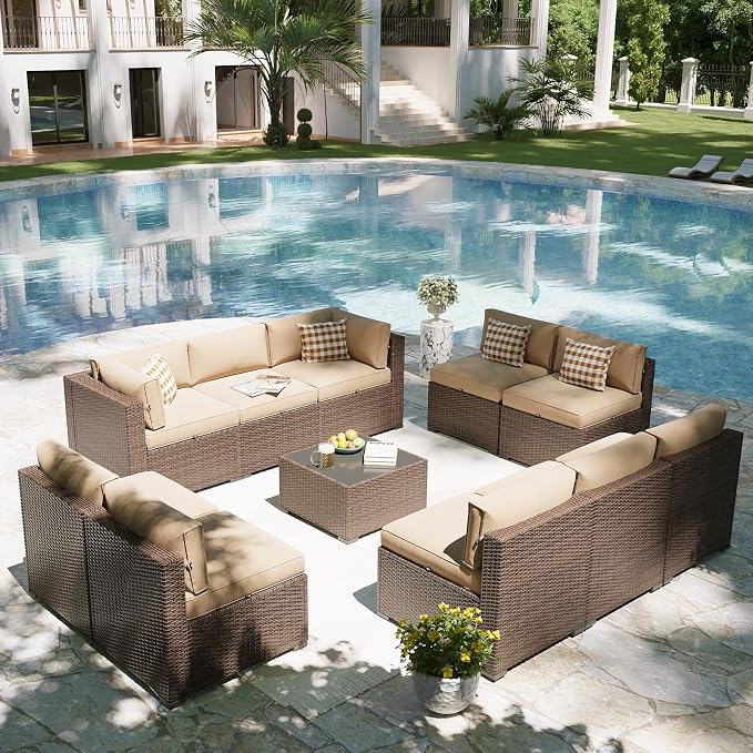 Aoxun Patio Furniture Set, 11 Piece Outdoor Sectional Sofas with Waterprool Cover, 10 Seats Wicker Rattan Outdoor Furniture Patio Conversation Set for Backyard, Garden (Brown Rattan Beige Cushions)
