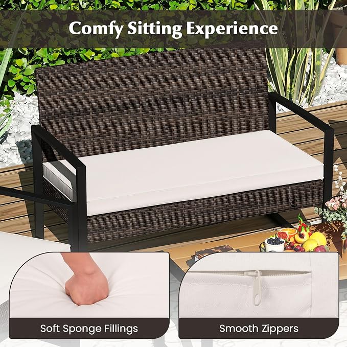 Tangkula 4 Pieces Patio Furniture Set, Outdoor Rattan Conversation Set w/Cushioned Chairs & Wood Plastic Coffee Table, Wicker Sectional Seating Furniture for Backyard, Poolside, Porch (Off White,1)