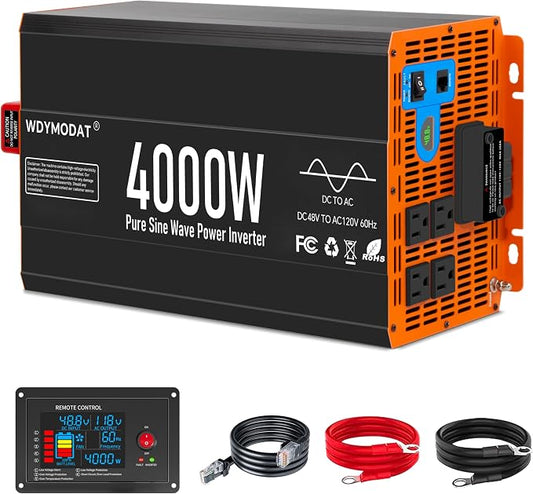 4000W Pure Sine Wave Inverter,48V DC to 120V AC Car Power Inverter 8000W Peak with 4 AC Outlets, 3.0A USB and Type-C, LCD Display 16.5 ft Remote Control for RV Truck Travel Solar Emergency