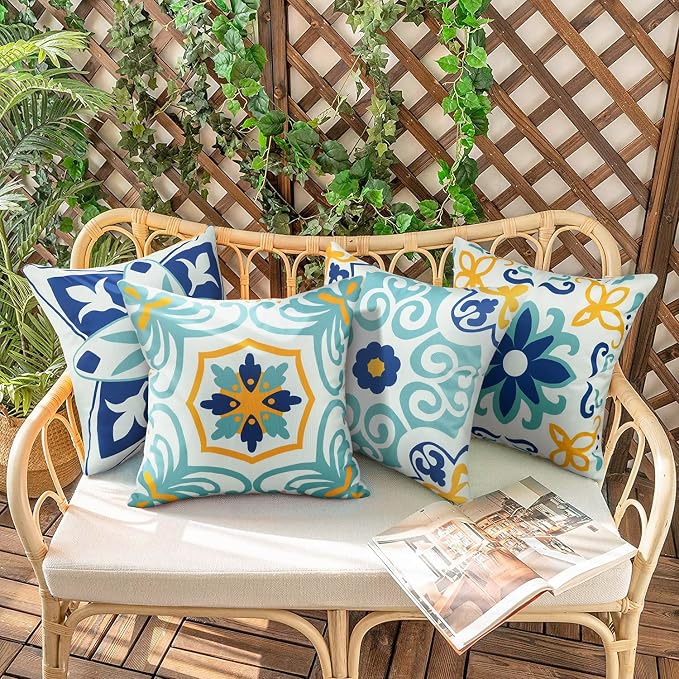 Pyonic Waterproof Outdoor Pillow Covers 22x22 Inch Set of 4 | Floral Print Boho Farmhouse Outdoor Pillows for Patio Funiture Garden,Blue