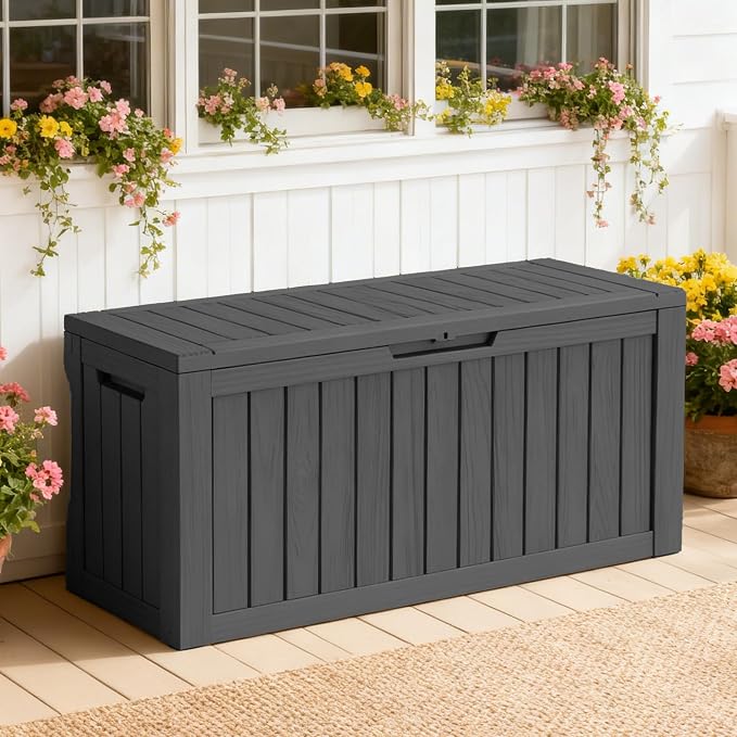 Waterproof Outdoor Storage Box, 85 Gallon Lockable Deck Box, UV-Resistant Outside Storage Bin With Hydraulic Lid For Patio Furniture, Cushion Organizer, Garden Tools, Pool Accessories, Black