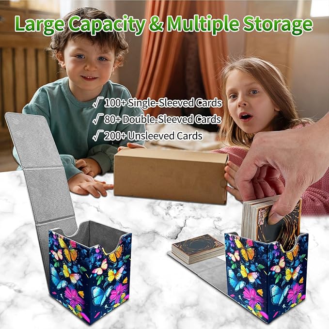 Colorful Butterfly Card Deck Box for MTG, Personalized Card Storage Case Fits 120+ Sleeved Cards, Premium Leather TCG Box with Strong Magnetic Closure for Magic, CCG, PTCG, Baseball Cards
