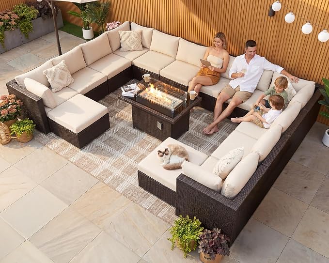 BULEXYARD 15 Piece Highback Wicker Patio Furniture Sets with Firepit, All-Weather Heavy Duty Outdoor Conversation Set Modular, Extra Deep Wide 14-Seats Sectional Couch Sofa for Backyard, Brown & Beige