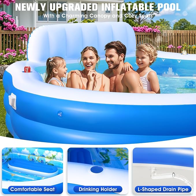 2026 Extra Large Upgraded Inflatable Pool with Canopy,Inflatable Family Lounge Pool,Round Blow Up Pool for Adult with Bench&Backrest,Swim Center Easy Backyard Pools for Kids & Adults90*90"*80"
