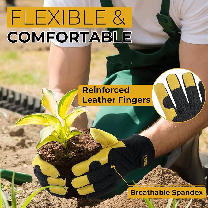 HANDLANDY Leather Gardening Gloves, Leather Work Gloves for Men Women | Durable Utility Men Women Garden Yard Working Glove, for Landscaping, Mechanic, Construction, Driving, Farming, Ranching