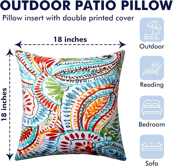 2 Pack Waterproof Outdoor Pillows, 18x18 Outdoor Throw Pillows | Patio Furniture Pillows, Fluffy Decorative Pillows, Waterproof &Fade Resistant, Removable & Washable, Paisley Multi Red