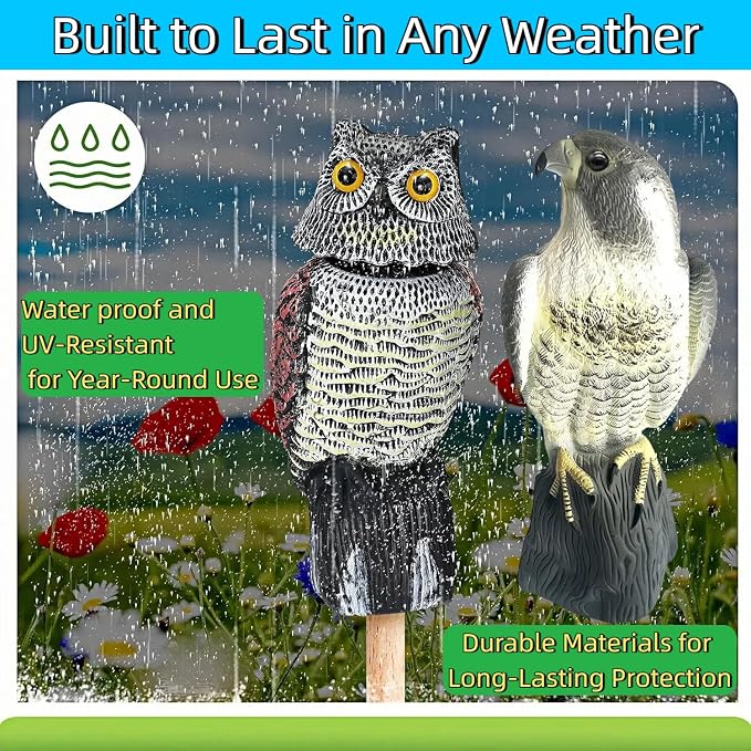 Hawk Decoy to Scare Birds Away - Owl & Hawk Garden Decoy Combo, 2X Protection Wind-Activated Bird Deterrent for Farms & Yards, 50% Larger Size (15")
