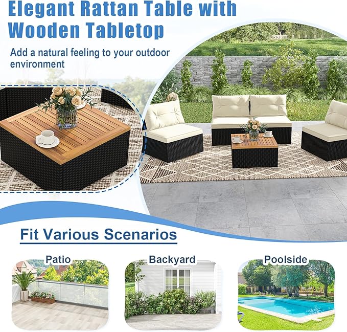 HAPPYGRILL 5 Pieces Patio Rattan Sofa Set, Outdoor Furniture Set with Seat & Back Cushions, Square Coffee Table with Acacia Wood Tabletop, Wicker Patio Conversation Set for Backyard, Poolside