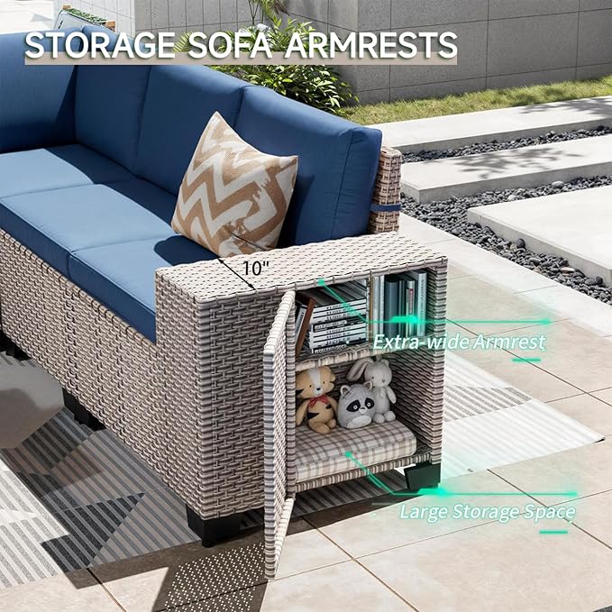7-Piece Outdoor Patio Furniture Set with Fire Pit, Modular Sectional Sofa Set with Glass Coffee Table and Cushions, Wicker Outdoor Couch Conversation Sets, Blue