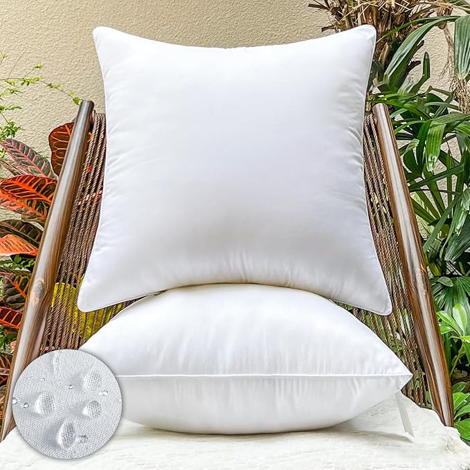 24x24 Waterproof Outdoor Square Pillow Inserts, 2 Pack | Hypoallergenic & machine washable. Soft yet supportive, stays plump. Waterproof protection for patio, sofa, bed, garden.
