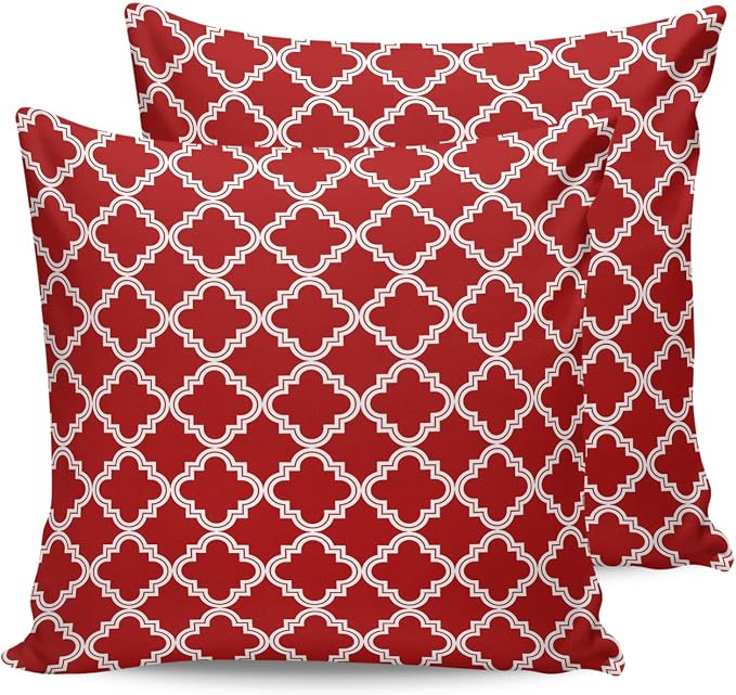 Outdoor Waterproof Pillow Covers for Patio Furniture Moroccan Pattern Decorative Throw Pillow Cover Geometric Trellis Red Pillowcases Set of 2 Cushion Case for Sofa Couch Chair Home Decor 16x16 inch