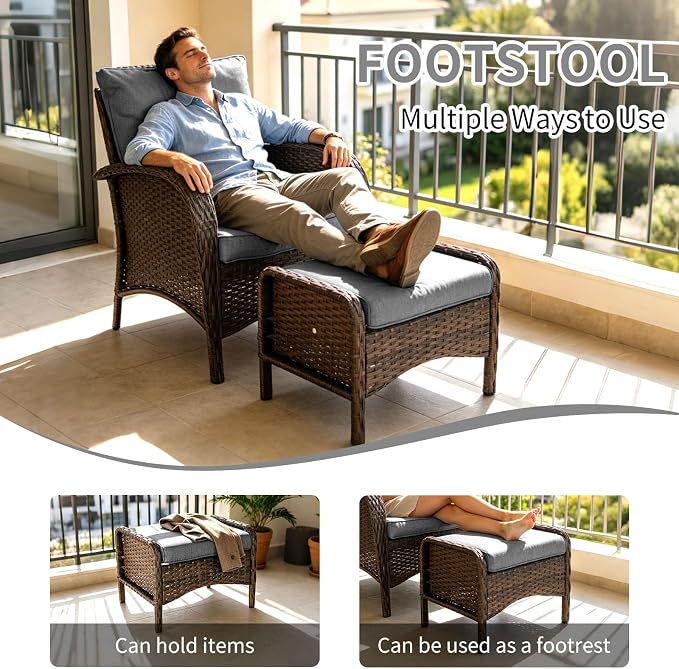 Outdoor Swivel Rocker Patio Chairs (Brown Wicker/Grey Cushion, 9PC/Sofa & Swivel & Chair &2 Table& Ottomans)