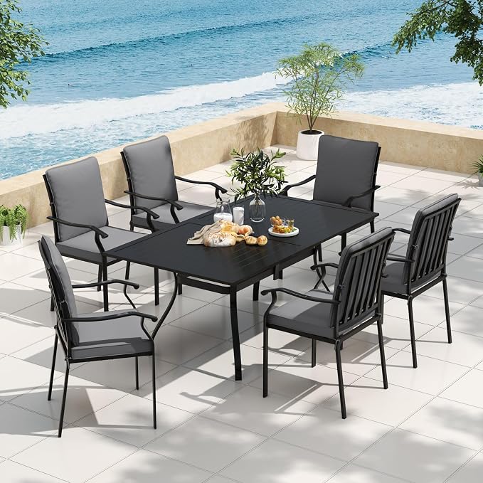 7 Piece Outdoor Patio Dining Set, 62’’ Rectangular Metal Dining Table with Umbrella Hole & 6pcs Outdoor Metal Dining Chairs, Outdoor Furniture Dining Set for Patio, Balcony, Lawn, Garden, Backyard