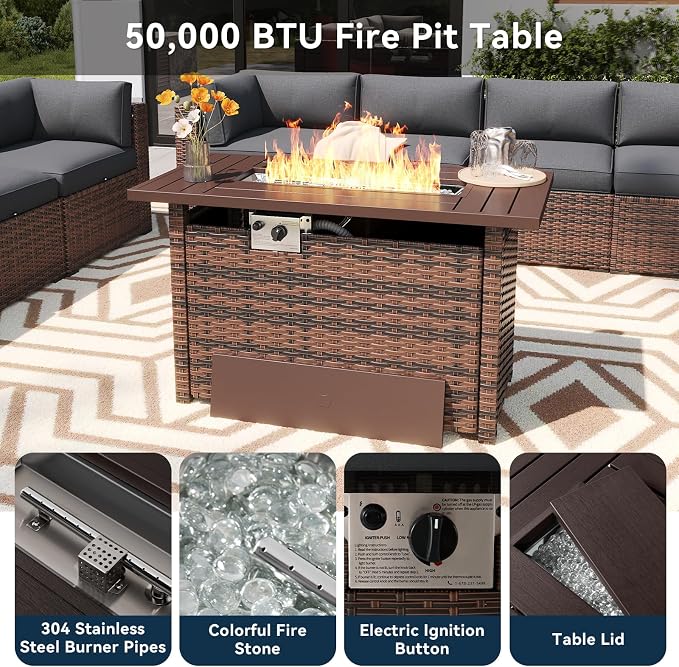 LazySunsets 12 Piece Outdoor Patio Furniture Set with 44'' Fire Pit Table, Outdoor Patio Furniture Sets with 4'' Thicken Cushion, Wicker Rattan Outdoor Conversation Set for Backyard, Grey