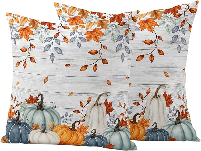 Fall Waterproof Outdoor Pillow Covers 16''x16'' Set of 2, Thanksgiving Maple Leaf Branch Vintage Wooden Patio Cushion Covers for Chairs,Decorative Blue Green Pumpkin Pillow Cases for Garden/Pool/Beach