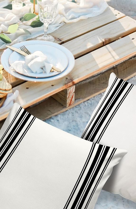 Outdoor Waterproof Pillow Covers for Patio Furniture Black Ticking Vertically Stripe Decorative Throw Pillow Cover Simple Style White Pillowcases Set of 2 Cushion Case for Sofa Couch Chair 20x20 In