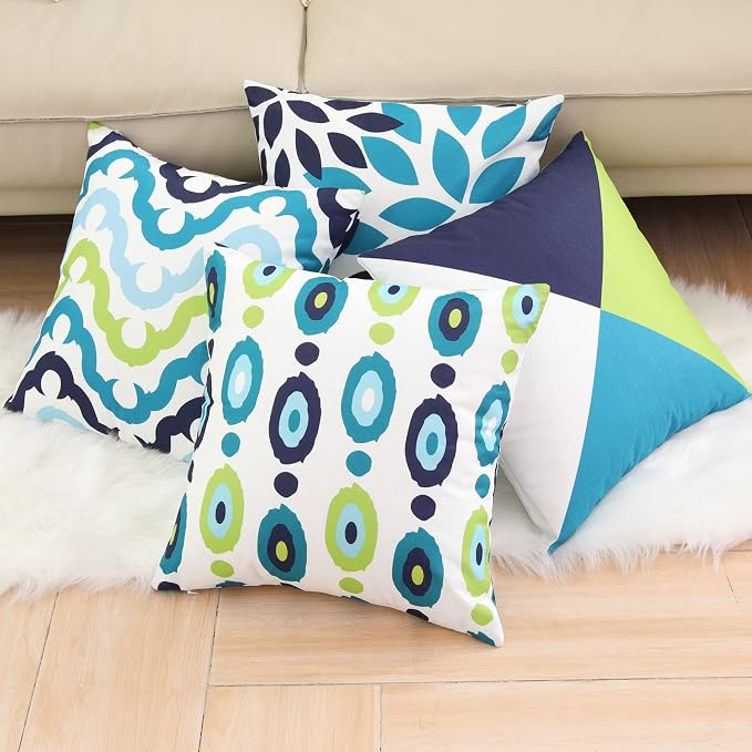 Decorative Green Blue Abstract Throw Pillow Covers 18 x 18 Inch Set of 4, Geometric Cotton Linen Outdoor Cushion Cover Square Pillowcase for Car Sofa Couch Home Decor