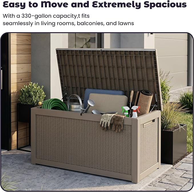 PatioZen 330 Gallon Outdoor Storage Box, Heavy Duty Resin Large Deck Box Organization for Garden Tools & Pool Accessories, Hydraulic Lift, All-Season UV-Resistant, Grey